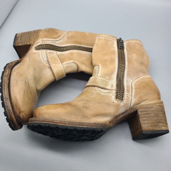 Freebird Carlito Boots Women Sz 7 Tan Distressed Leather Moto Biker Heel Zipper - Picture 9 of 12